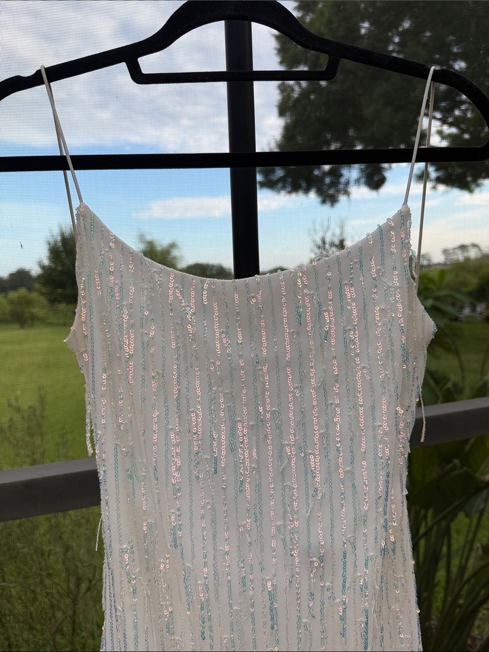B Darlin White Iridescent Sequin Mini Slip Dress open back 7/8